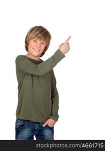 Adorable child pointing something isolated on a over white background