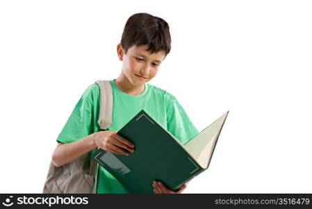 Adorable child reading a book on a over white background