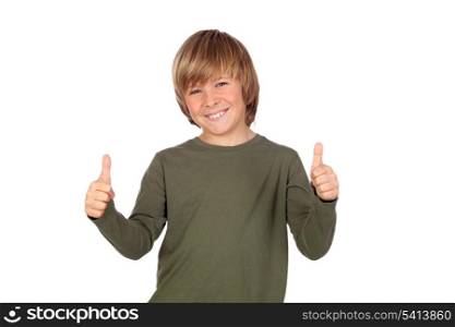 Adorable child saying OK isolated on a over white background