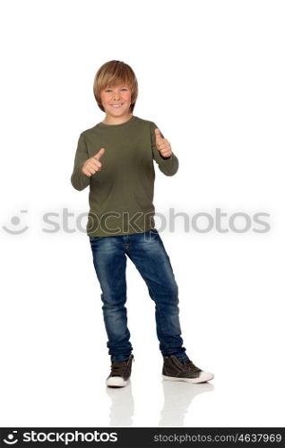 Adorable child saying OK on a over white background