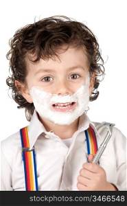 Adorable child shaving over a white background