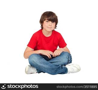 Adorable child sitting on the floor isolated on white background