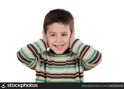 Adorable child stoppering his ears on a over white background