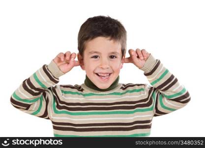 Adorable child stoppering his ears on a over white background