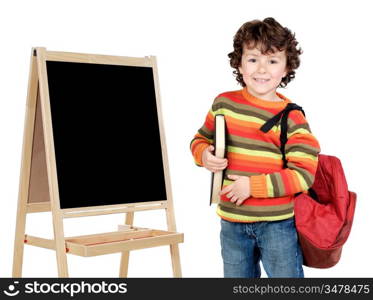 adorable child student whit slate a over white background