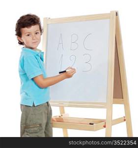 adorable child student whit slate a over white background
