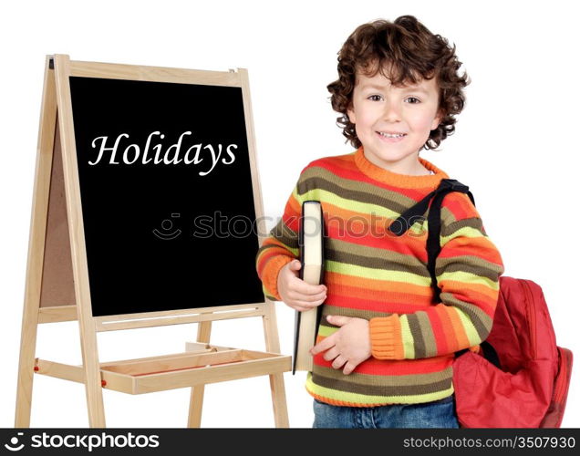 Adorable child student whit slate isolated on a over white background