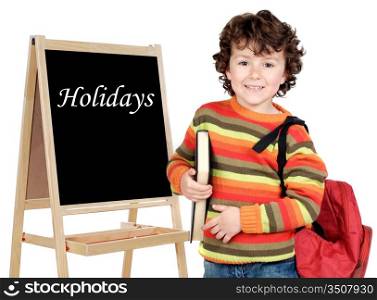 Adorable child student whit slate isolated on a over white background