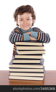 Adorable child studying a over white background