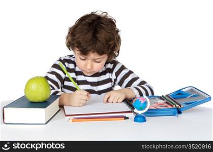 adorable child studying a over white background