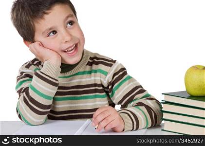 Adorable child thinking in the school on a over white background