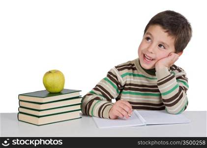 Adorable child thinking in the school on a over white background