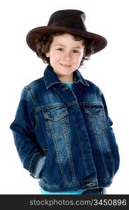 Adorable child wearing a cowboy hat a over white background