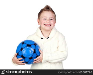 Adorable child with a ball isolated on white background