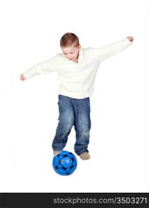 Adorable child with a ball isolated on white background