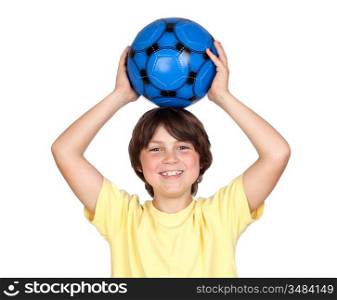 Adorable child with a blue soccer ball isolated on white background