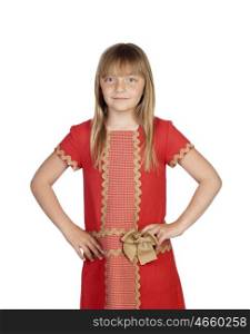 Adorable child with a elegant red dress isolated on white background
