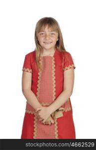 Adorable child with a elegant red dress isolated on white background