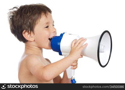 adorable child with a megaphone a over white background