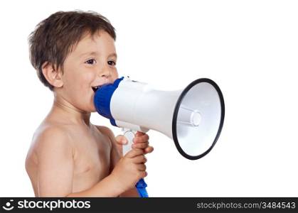 adorable child with a megaphone a over white background