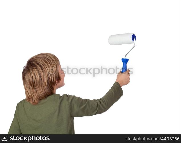 Adorable child with a paint roller isolated on a over white background
