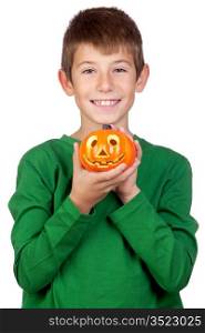 Adorable child with a pumpkin isolated on white background