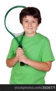Adorable child with a tennis racket isolated on a over white