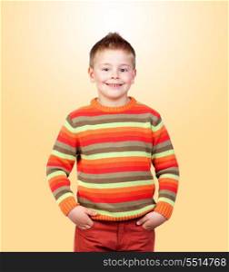 Adorable child with blond hair isolated on orange background