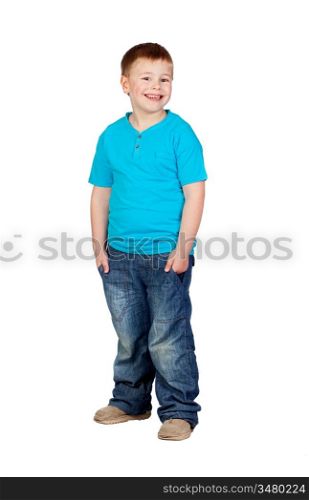 Adorable child with blond hair isolated on white background