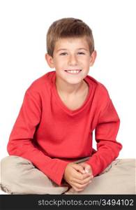 Adorable child with blond hair isolated on white background