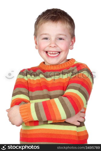 Adorable child with blond hair isolated on white background