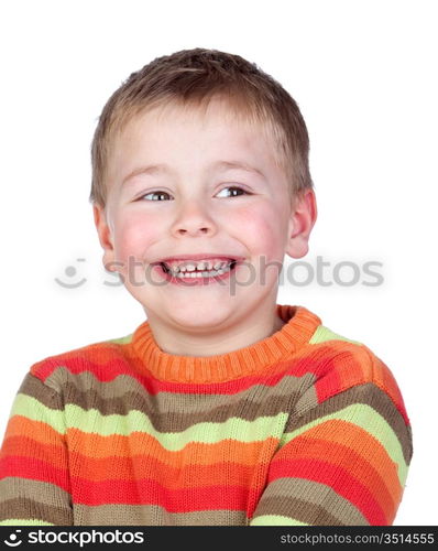 Adorable child with blond hair isolated on white background