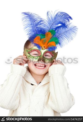 Adorable child with carnival mask isolated on white background