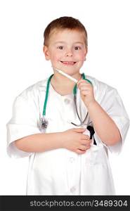 Adorable child with doctor uniform and a thermometer isolated on white