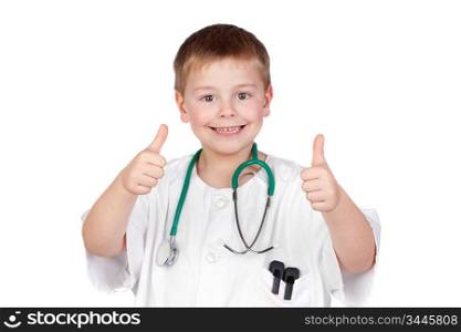 Adorable child with doctor uniform saying Ok isolated on white