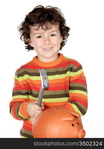 Adorable child with hammer and money box isolated on a over white background