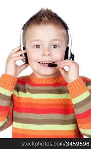 Adorable child with headphones isolated over white