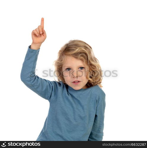 Adorable child with his hands raised asking speak isolated on a white background