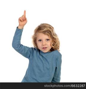 Adorable child with his hands raised asking speak isolated on a white background