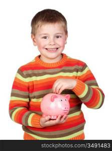 Adorable child with his piggy-bank isolated on white background
