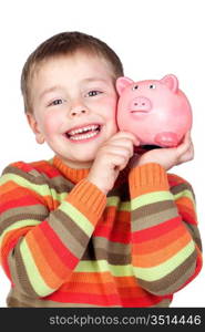 Adorable child with his piggy-bank isolated on white background