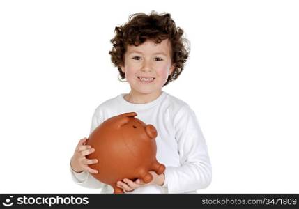 adorable child with its savings in its moneybox of piggy a over white background