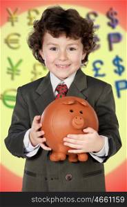 adorable child with its savings in its moneybox of piggy a over white background