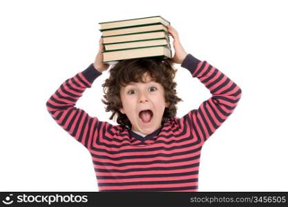 Adorable child with many books on the head isolated over white