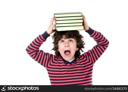 Adorable child with many books on the head isolated over white
