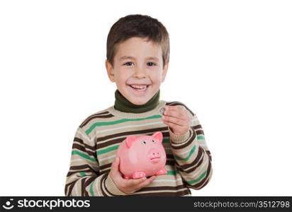 Adorable child with moneybox savings isolated over white