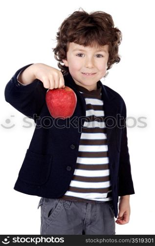 Adorable child with one apple in the hands a over white background