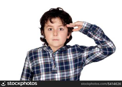 Adorable child with plaid t-shirt isolated on white background