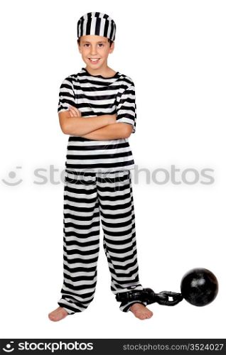 Adorable child with prisoner ball isolated on white background