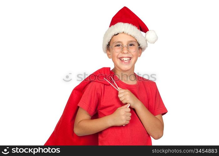 Adorable child with Santa Hat looking in sack isolated on white background